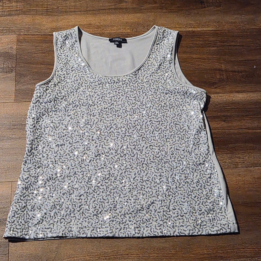 Elementz Petite XL Silver Sequin Sleeveless Shell Top Gray Scoop Neck Y2K Glam